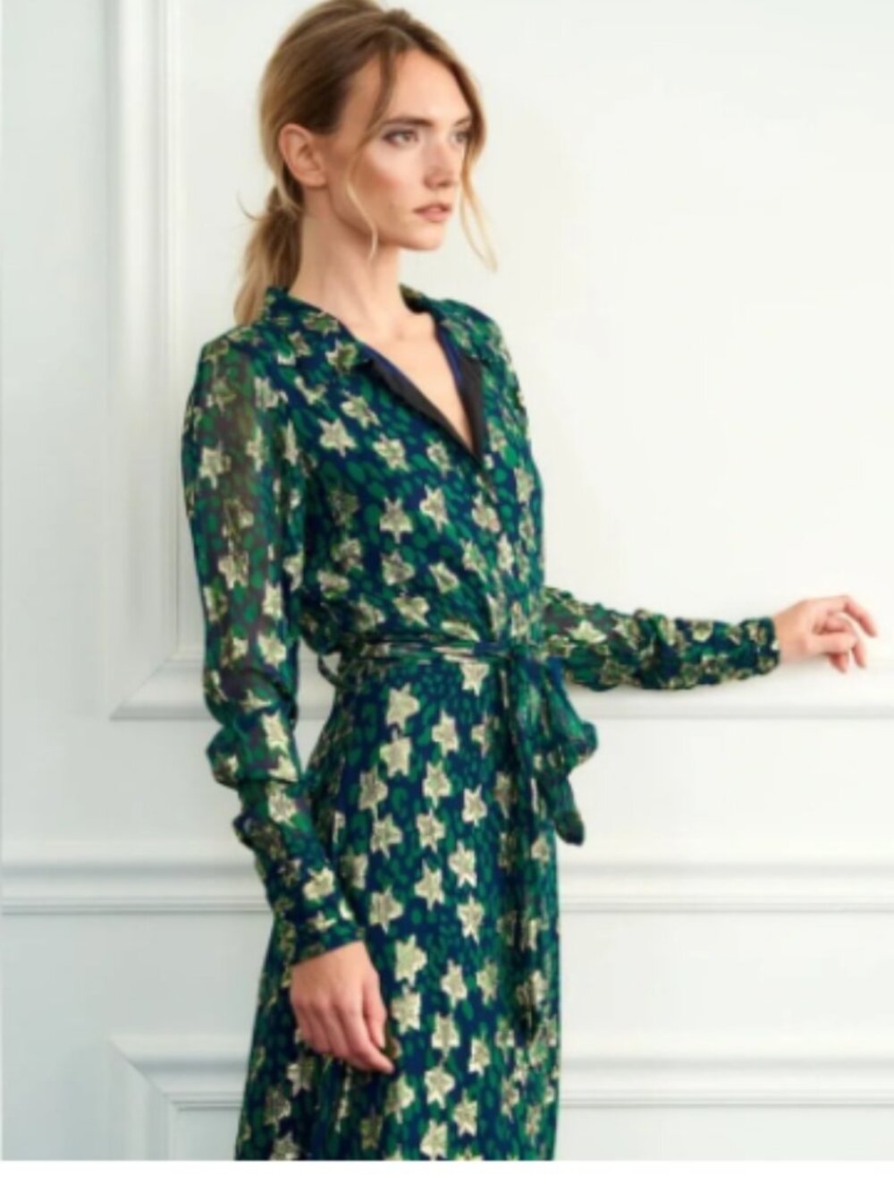 Ciebon Jynai Green Navy Metallic Gold Stars Long Sleeve Maxi Dress S NEW!